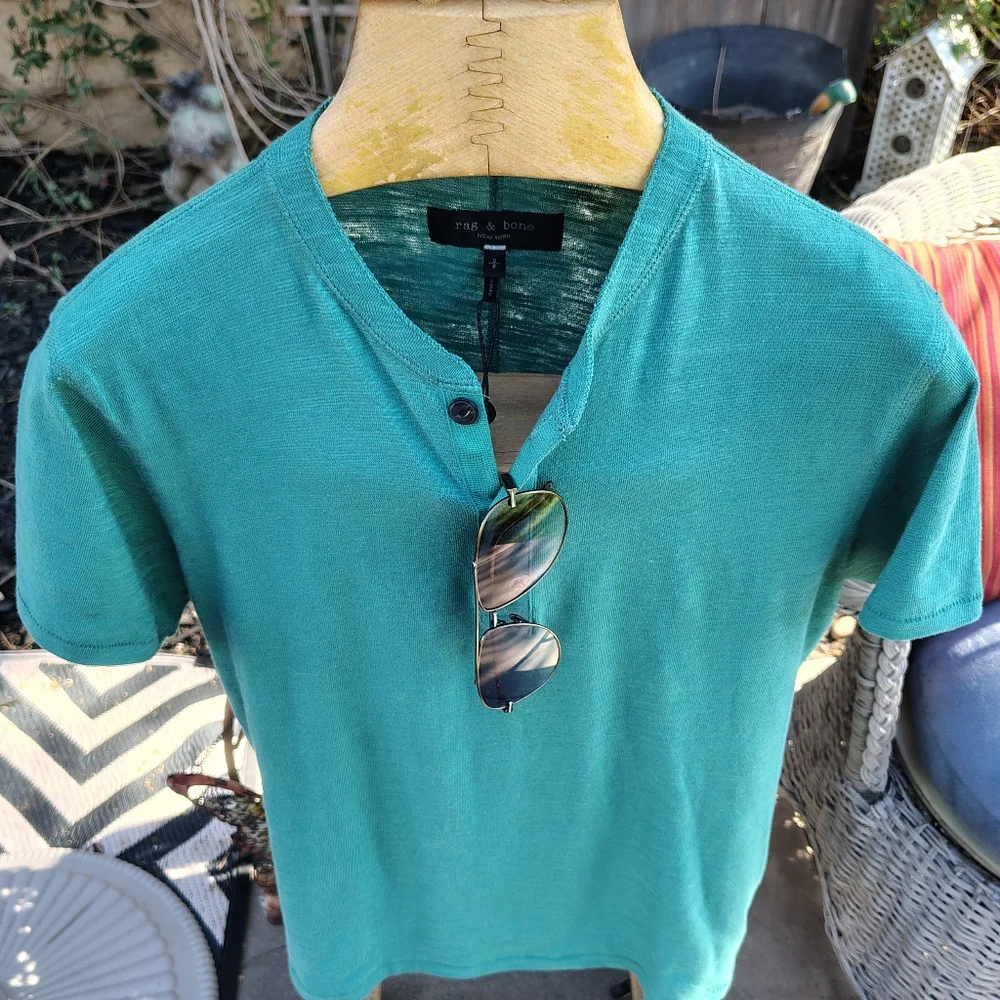 Rag And Bone Short Sleeve Green Henley - Picture 3 of 5